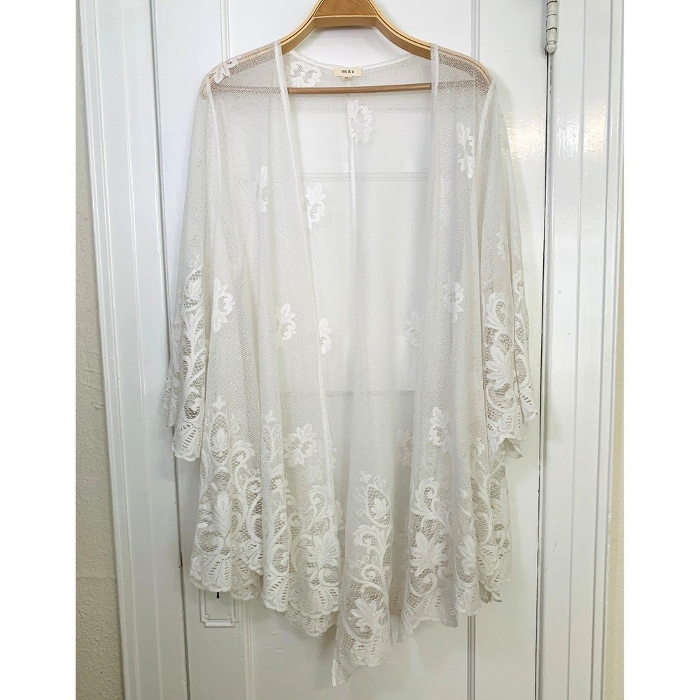 me and u Lace Mesh Embroidered Kimono Boho Open Front Duster Fairy Prairie / 2X - Picture 4 of 15